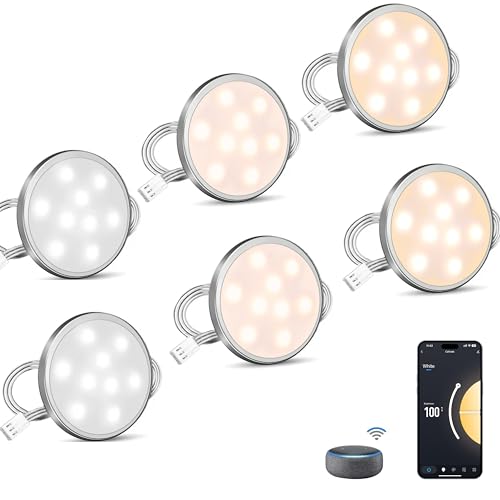 Cefrank Smart WiFi Puck Lights (6-Pack) - Alexa & App Controlled Under Cabinet Lighting Kit, Dimmable, 2700K-6000K Adjustable White, Easy Install for Shelves, Closets, Safes