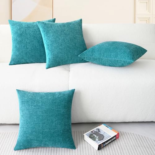 Image of CaliTime Throw Pillow Covers Decorative 18 X 18 Inches Pack of 4 Cozy Chenille Cushion Cases for Couch Sofa Bed Living Room Home Lake Blue