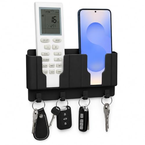 Image of CERLINK Wall Mounted Mobile Holder for Phone & TV Remote | ABS Storage Organizer with 2 Compartments, 2 Key Hooks and Strong Self-Adhesive No-Drill Installation (Black)