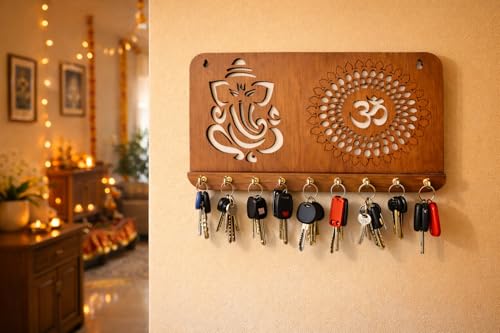 Ganesha Om Chakra Key Holder for Home Decor Items | Stylish Key Hanger Wall Mounted Decoration | Handicraft Key Chain Stand | Wooden Keychain Hangers 
