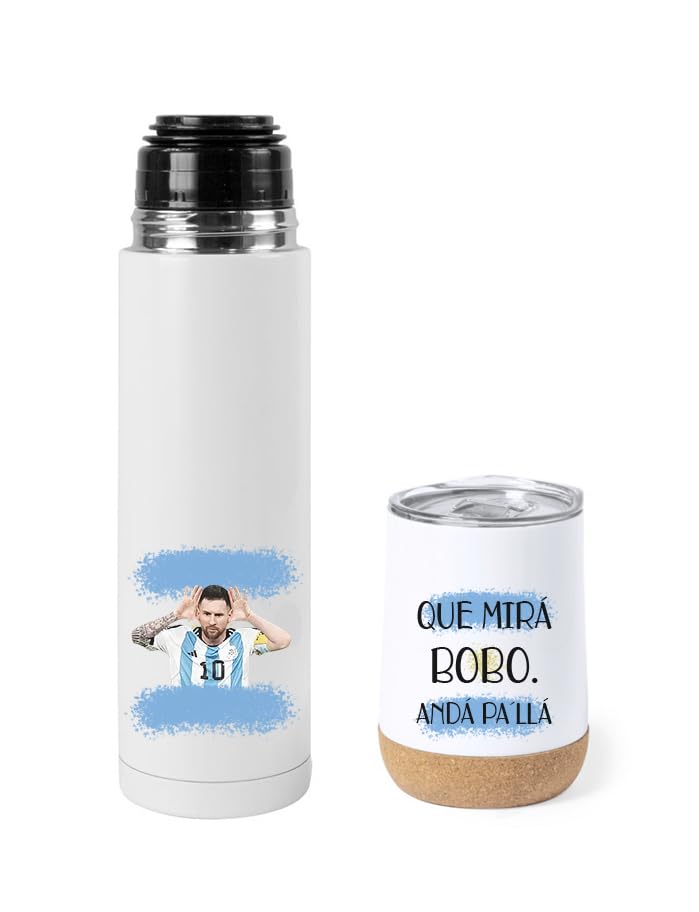 Kit Termo y mate. 'Que mirá bobo? Andá pa´lla'. Messi. Selección Argentina. Scaloneta. Campeones del mundo. Argentina. Mate. Original. Diseños propios. Personalizados.