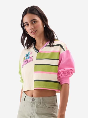 Image of The Souled Store Lilo & Stitch: Like No Other Women and Girls Full Sleeves V Neck 100% Cotton Oversized Fit Cropped Tops Multicolour Graphic Tops Casual Fashion Full Sleeves Round Neck Printed