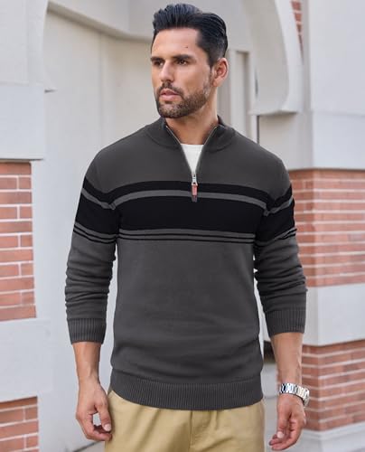 EKLENTSON Men's Quarter Zip Pullover Sweater Striped Knitted Turtleneck Pullover Winter Golf Sweater4