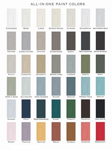 ALL-IN-ONE Paint, Durable cabinet and furniture paint. Built in primer and top coat, no sanding needed. Includes our 30 featured color card - Crete (olive green), Quart