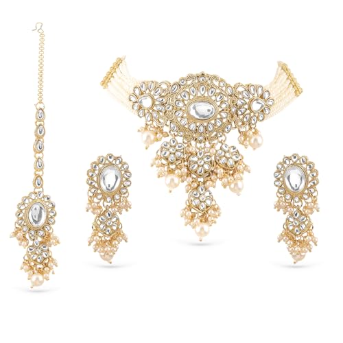 Image of Rubans Necklace Maangtikka Set Gold Plated Kundan & Pearl Jewellery Gift for Women & Girls