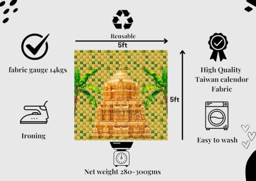Image of Temple Backdrop for Decoration | Vibrant Golden Gopuram Ceremonial Background, Coconut Leaf Temple Backdrop | Lakshmi Backdrop 5x5 feet