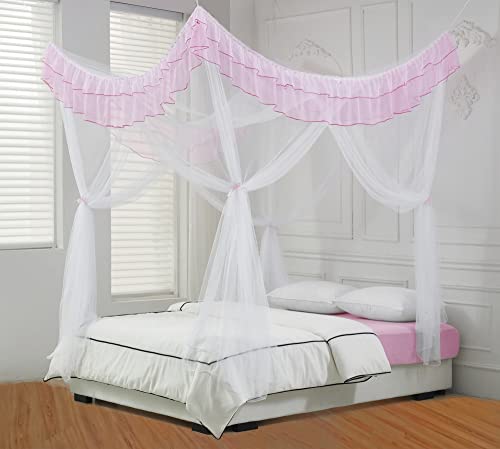 Eimilaly 4 Corner Bed Canopy Curtains White With Pink Ruffle For Girls Bed Decor, Bed Canopy With Lights (10M|100Pcs) Suit For Full/Queen/King Size Bed #TOP1