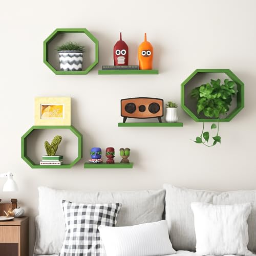Image of Wall Mounted Floating Shelves Set of 6, Multipurpose Display, Book, Storage & Decor Shelves, Octagon Shape Wooden Wall Shelf for Living Room, Bedroom, Kitchen (Green)