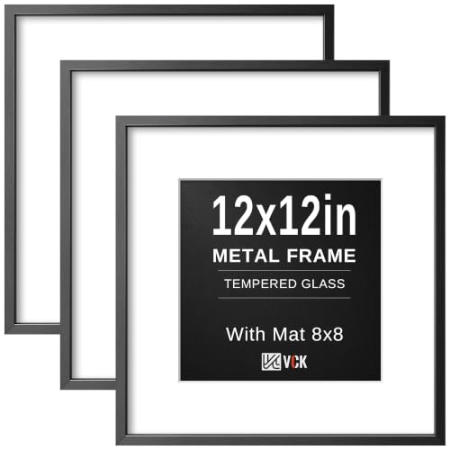 Image of VCK 12x12 Frame Black Metal, Real Glass, 8x8 Mat, 3 Pack, for Picture Print