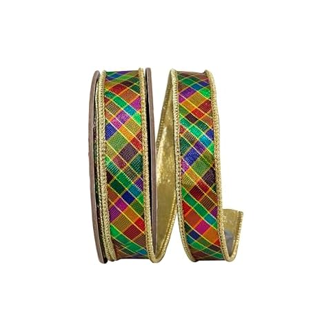 Reliant Ribbon Plaid Jewel Tone Deluxe Metallic Backed Wired Edge Ribbon, Multi Cover