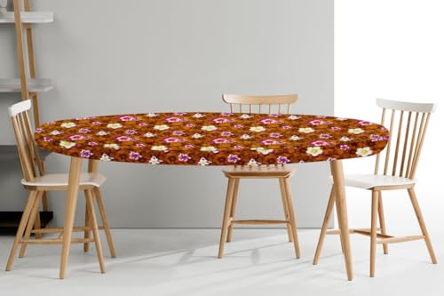 Image of The Furnishing Tree Elastic Oval Dining Table Cover WxL 42x72 in Inches Polyester Floral Pattern Orange