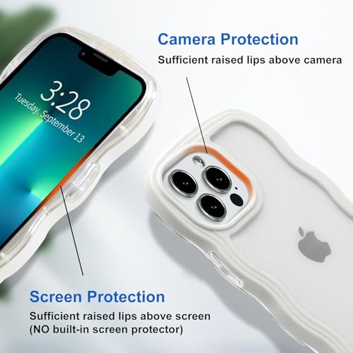 Image of GoldKart iPhone 13 Pro Max Case Wavy Edge Clear Back Design, Anti-Slip Grip Cute Wave Curly Frame Shape Shockproof Soft TPU & Hard PC Bumper Protective Phone Case Cover for Women Girls - White