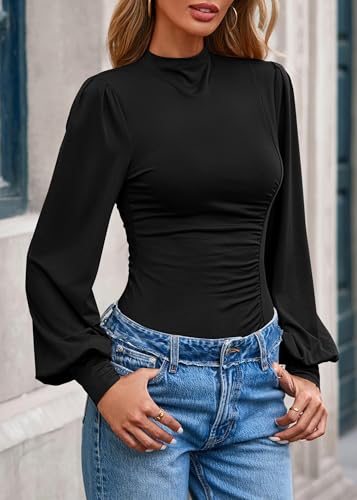 KIRUNDO Going Out Tops for Women Puff Long Sleeve Mock Neck Ruched Shirts Dressy Casual 2025 Fall Fitted Trendy Work Blouse4