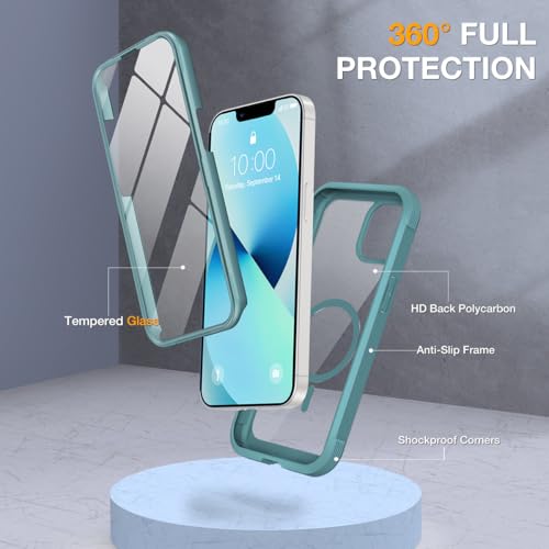 Image of Miracase for iPhone 13 mini Case 5.4 inch,Full-Body Protection,Clear Bumper Case with Built-in 9H Tempered Glass Screen Protector,Military-Grade Drop Protection Outdoor Phone Case for iPhone 13 mini,Teal
