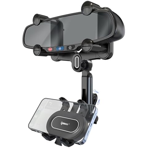 IPOW Large Rearview Mirror Phone Holder for Car 360°Rotatable and Retractable, 2024 Upgraded Four Corners Fixed Anti-Shake Multifunctional Design for All Phones and All Car Rearview Mirror with Button Cover