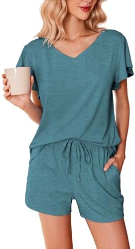 Ekouaer Women’s Pajamas Set Ruffle Sleeves Sleepwear V Neck Comfy 2 Piece Pjs Loungewear Set with Pockets