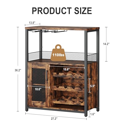 GarveeHome 3-Tier Wine Bar Cabinet with LED Lights & Wine Rack, Liquor Cabinet with Storage, Coffee Bar Cabinet with Glass Holder & Mesh Door, Sideboard Buffet Bar for Living Room, Dining Room, Brown
