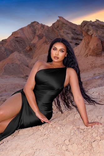 Memoriesea Women's Plus Size Satin Sexy One Shoulder High Split Cocktail Wedding Party Maxi Dress4