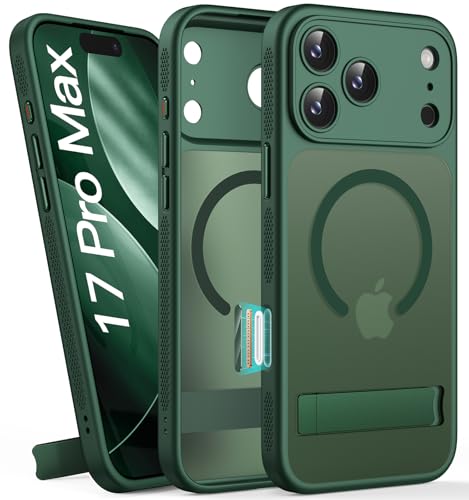 Image of Vihibii for iPhone 17 Pro Max Cover with Stand & Camera Control, [Compatible with Magsafe], Full Lens Protection, Rugged Hard Back & Silicone Edge, Non-Slip Translucent Slim Case, 6.9 inch 2025, Green