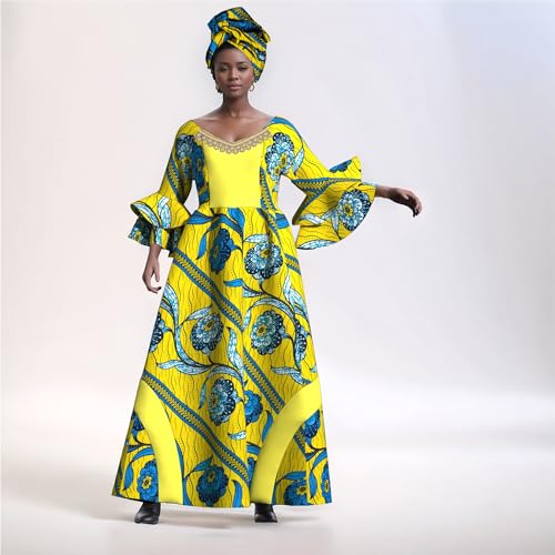 Image of iooiooi Womens African Print Party Maxi Dress Tradition Dashiki Ankara Long Dress & Headwrap