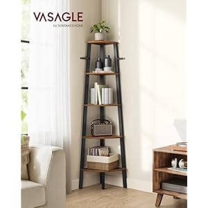 VASAGLE Corner Shelf, 5-Tier Corner Bookshelf, Storage Shelving Unit, Plant Stand for Living Room, Industrial Accent Furniture with Steel Frame, Rustic Brown and Black ULLS35X VASAGLE Corner Shelf 5 Tier Corner Bookshelf Storage Shelving Unit Plant Stand for Living Room Industrial Accent Furniture with Steel Frame Rustic Brown and Black ULLS35X