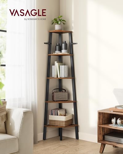 VASAGLE-Corner-Shelf-5-Tier-Corner-Bookshelf-Storage-Shelving-Unit-Plant-Stand-for-Living-Room-Industrial-Accent-Furniture-with-Steel-Frame-Rustic-Brown-and-Black-ULLS35X VASAGLE Corner Shelf 5 Tier Corner Bookshelf Storage Shelving Unit Plant Stand for Living Room Industrial Accent Furniture with Steel Frame Rustic Brown and Black ULLS35X