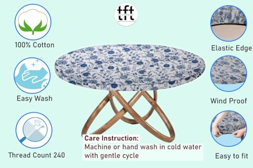 Image of The Furnishing Tree Elastic Cotton Round Dining Table Cover 36x36 in Inches Floral Blue on White Base