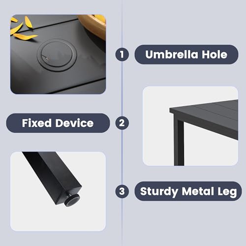 Image of VICLLAX Outdoor Table for 6, Metal Patio Dining Table with Umbrella Hole for Garden Lawn Deck Backyard, Black Tabletop