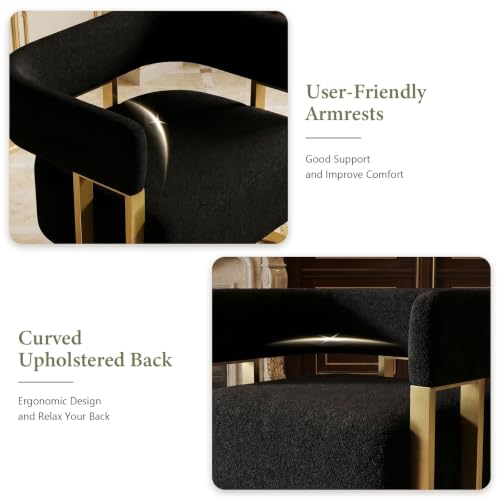 Image of Black and Gold Accent Chairs Set of 2, Boucle Barrel Chairs for Living Room | STHOUYN Boucle Upholstery, Curved Bucket Design, Bedroom Chair, Gold-Tone Base, Armchairs for Office, Small Space Seating