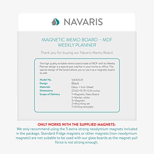 Navaris Black Glass Board For Wall - 16" X 24" Frameless Magnetic White Board For Home, Office, Kitchen, School, Learning - Includes 3 Magnets, Marker #TOP5