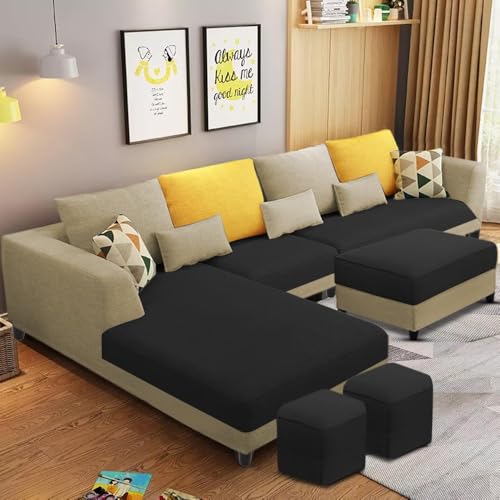 Image of Casaliving Minta 8 Seater L Shape Sofa Set with Ottoman & 2 Puffy for Living Room (8 Seater LHS, Cream Black)