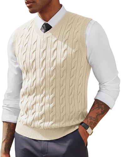 Image of PJ PAUL JONES Mens Sweater Vests V Neck Cable Knit Vests, White, X-Large