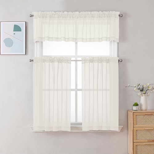 Image of Chyhomenyc Sheer Valances for Windows, Light Filtering Small Window Curtains for Living Room Bathroom Cafe Laundry Basement, Modern Top Dual Rod Pocket Voile Curtain, 59Wx14L inches, Ivory, 2 Pieces