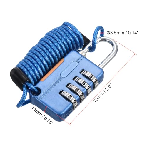 Image of PATIKIL 1 Pack 4 Digit Combination Lock, Helmet Padlock Cable Lock Gym Locker Lock with 3.28Ft Flexible Security Steel Lock Wire for Bike Locker Travel Luggage, Blue