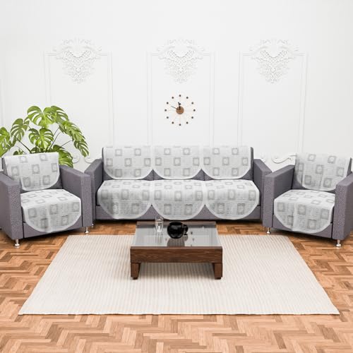 Image of Kuber Industries (Set of 10) Stylish & Durable Cotton Sofa Covers 5 Seater | Washable Sofa Protector /Mat & Slipcover for Hall, Living Room & Office | Square Flower - White