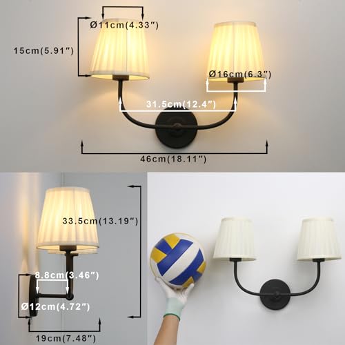 Image of Yosoan 2-Lights Indoor Linen Fabric Boho Wall Sconce, E26 Flared Funnel Fabric Shade Beige Wall Mounted Vanity Hardwired Double for Bedroom Hallway Living Room(Black)