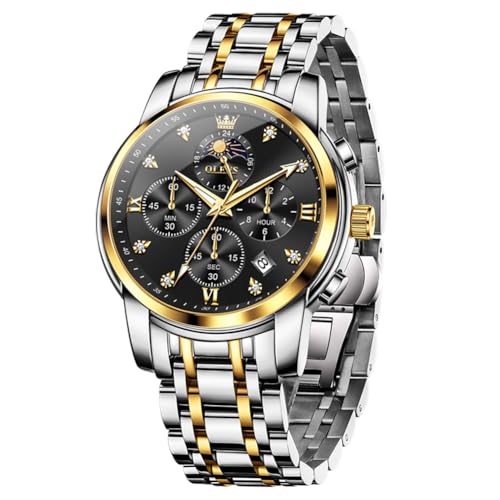 OLEVS Watch for Men, Mens Waterproof Stainless Steel Day Date Watches, Classics Black and Gold Large Face Mens Luxury Dress Watch, Diamond Analog Quartz Business Casual Men's Wrist Watches -  TS-S-G3655G-JH