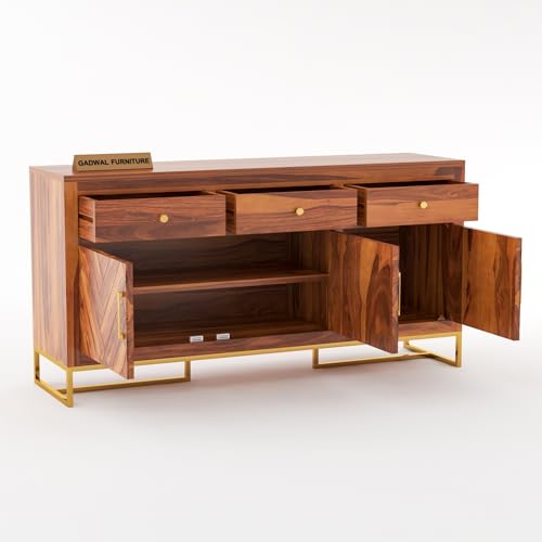 Image of Solid Sheesham Wood Wooden Sideboard & Chest of Drawer with 3 Drawers and 3-Door Storage (Jett, Honey Finish)