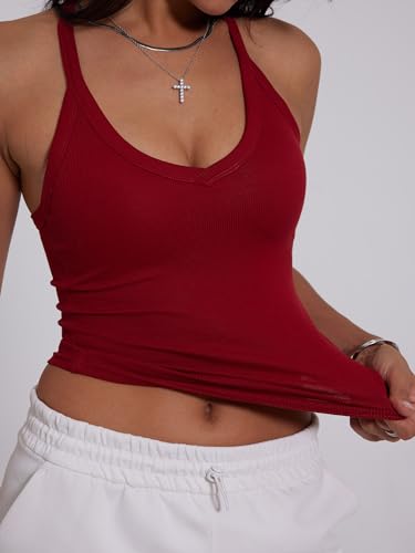 Image of Danysu V Neck Racer Back Tank Top for Women Padded Ribbed Long Tank Fitted Basic Cami Tops