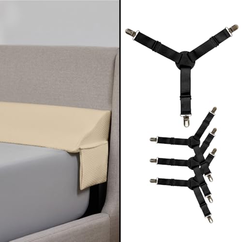 Gorilla Grip Headboard Gap Pillow and Bed Sheet Straps, Headboard Gap Pillow Size Queen Cream, Dense Foam Wedge, Sheet Fasteners 4 Pack Black, Adjustable Elastic with Metal Clips, 2 Item Bundle