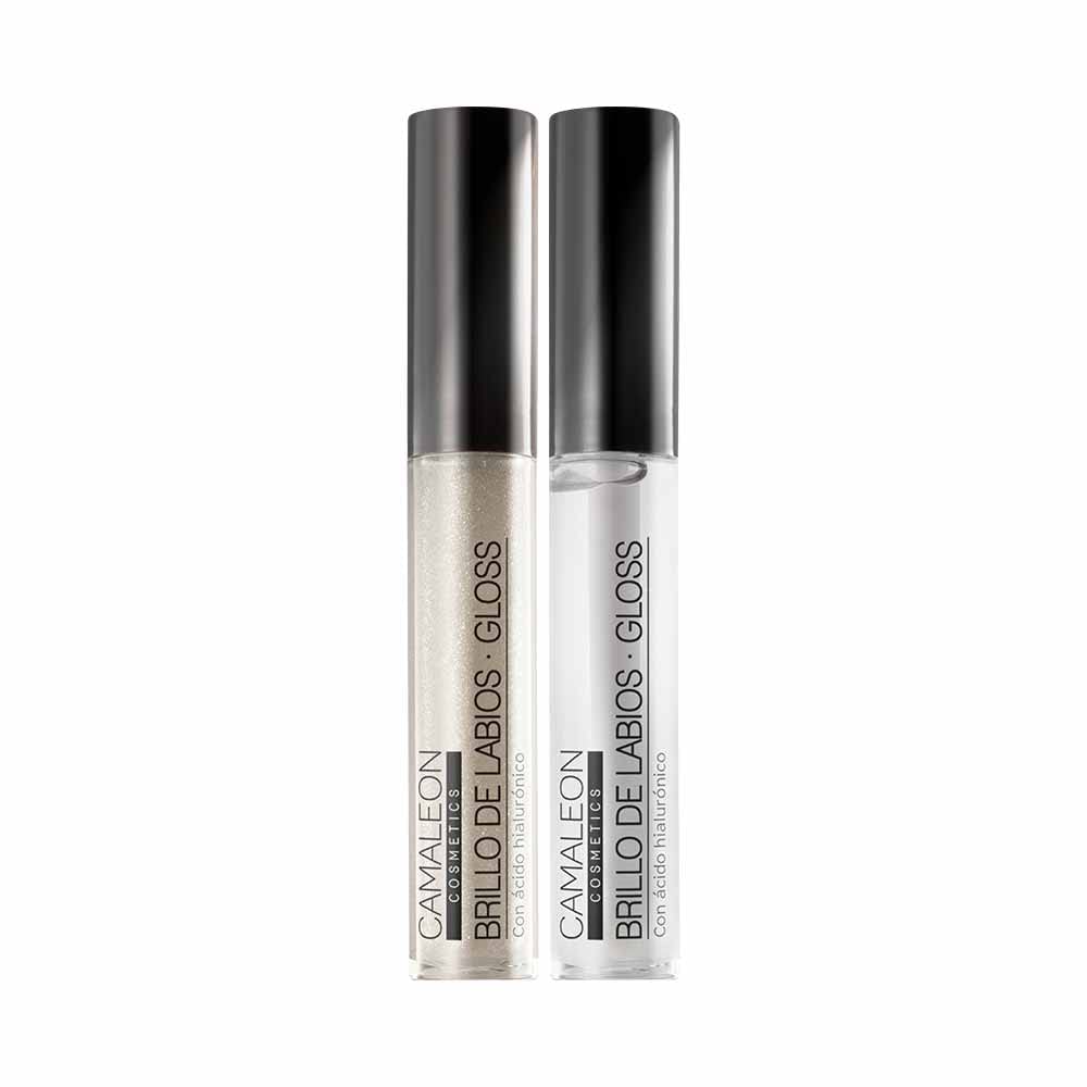 Camaleon Cosmetics - Pack de dos Gloss Efecto Volumen - Hidratante - Con Ácido Hialurónico - Colores: Nácar Metalizado y Crystal Transparente - Vegano - 2 Unidades.