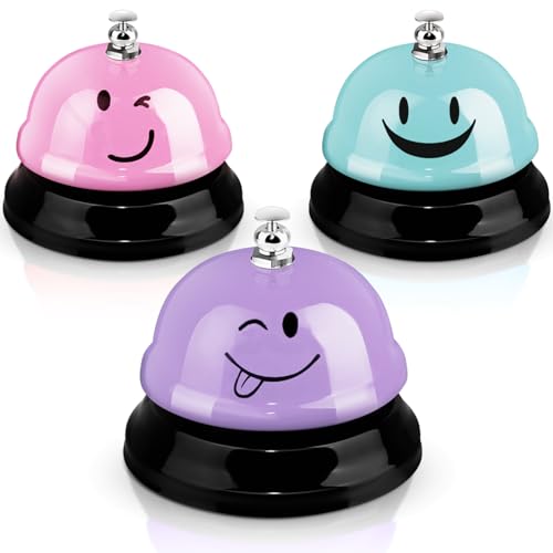 Hotop 3 Pcs Desk Bell for Service Funny Front Desk Smile Face Metal Ringer Call Bell for Kitchen Hotel Restaurant Classroom(Smile Face Macaron Pink Blue Purple)