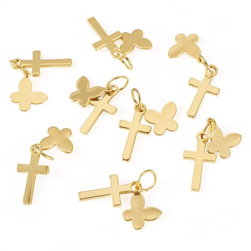 Image of 10Pcs 18K Gold Plated Cross Charms Brass Golden Crucifix with Butterfly Pendants Metal Permant Jewelry Charms with Jump Ring for DIY Bracelets Necklaces Earring Jewelry Making