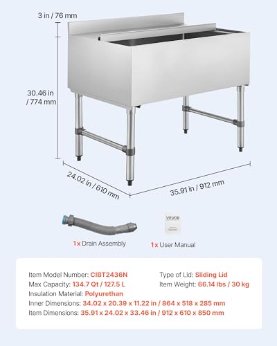 Image of VEVOR Commercial Ice Bin Stainless Steel Ice Chest with Sliding Lid, 24H Long-Lasting Insulation, Cooler Cart Cocktail Unit for Bar Restaurant Pub, NSF, 24 Inch
