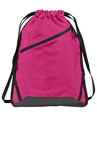 Drawstring Backpack with Zippered Front Pocket Durable Reinforced Seams Gym, Team Training, Hiking Cinch Bags (Pink Azalea/Black)