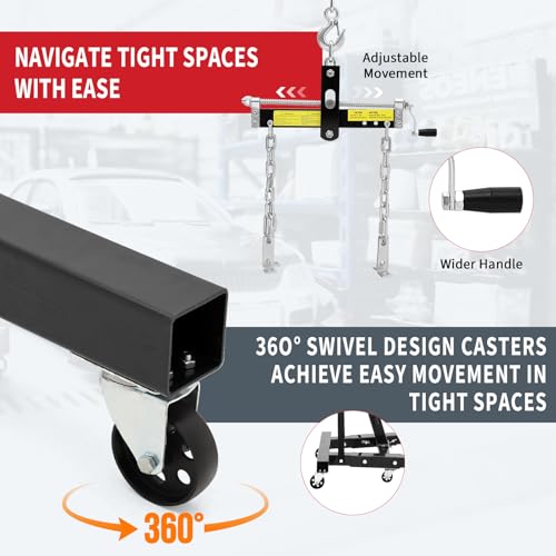 Image of 2 Ton Folding Hydraulic Engine Hoist with Load Leveler 4400 LBS Capacity Heavy Duty Cherry Picker 6 Swivel Wheels&Hydraulic Pump Adjustable Boom (0.5T-2T) for Garage Workshop Warehouse Black