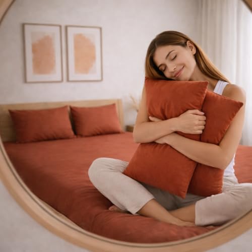 Image of THE HOME STYLE Solid Plain Cotton Feel Fitted Bedsheet (72x78 inches) with Reversible Comforter (90x100 inches) | King Size | 2 Pillow Covers | 300 TC | 4-Piece Bedding Set (Terracotta)