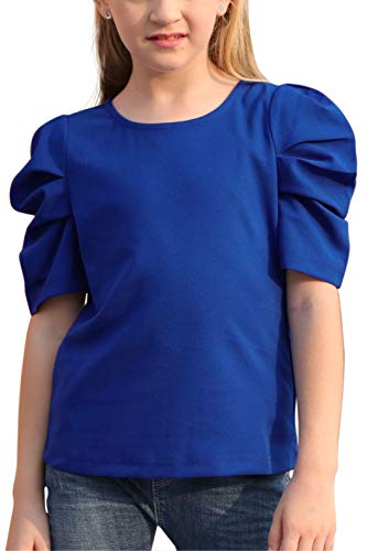 Image of GORLYA Girl's Puff Sleeve Casual Solid T-Shirt Pullover Keyhole Back Blouse Tops for 4-14T Kids