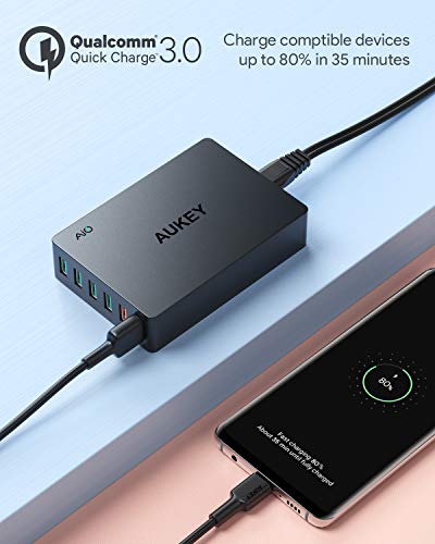 AUKEY Quick Charge 3.0 6-Port USB Wall Charger, 60W USB Charging Station Compatible with Samsung Galaxy Note10, iPhone 12 Pro Max/11 Pro Max/XS/XR, iPad Pro/Air, LG, Nexus, HTC and More