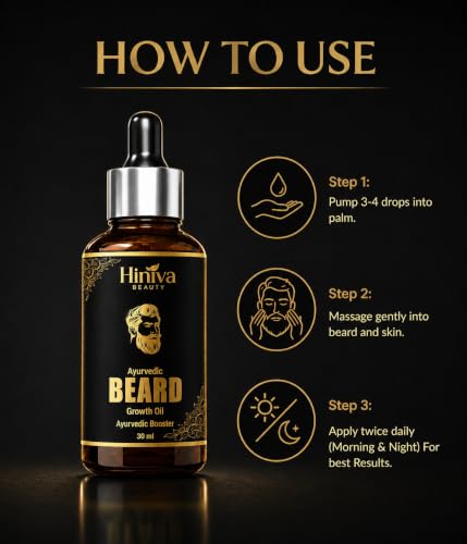 Image of Hiniva Ayurvedic Beard Growth Oil for Men | Beard Growth & Thickening Oil | Reduces Beardruff, Dryness & Itching | Softens, Nourishes & Strengthens Beard | Herbal Blend with Castor, Amla, Bhringraj & Black Seed Oil | 30ml